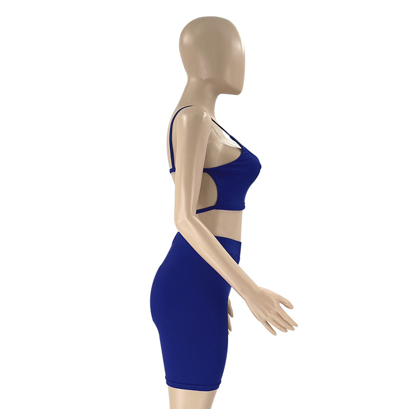 Summer Solid Color Sexy Sling Backless Top Women Clothing Sports Shorts Suit