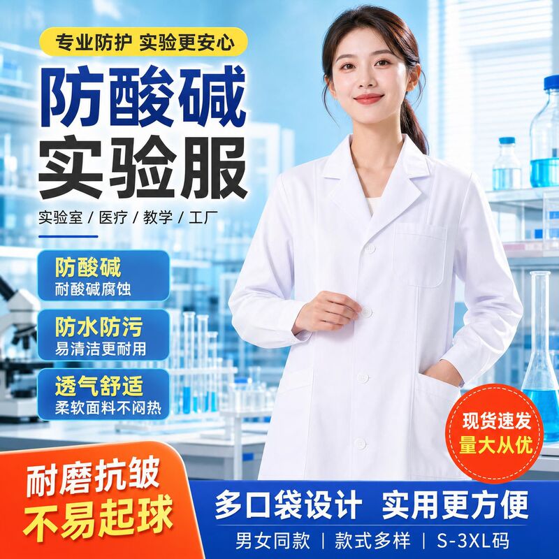 Acid and Alkali Resistant Waterproof Lab Coat for Chemistry and Biology, Women's and Men's White Lab Coat, Long-Sleeved Autumn and Winter Workwear
