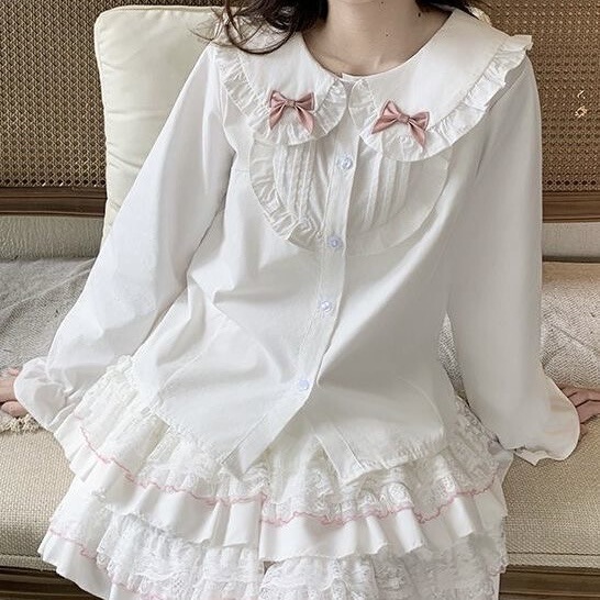 Lolita Doll Collar Puff Long-Sleeved Shirt for Women, New Spring and Autumn Style, Sweet and Cute Bow-Knot Shirt, Outerwear Top