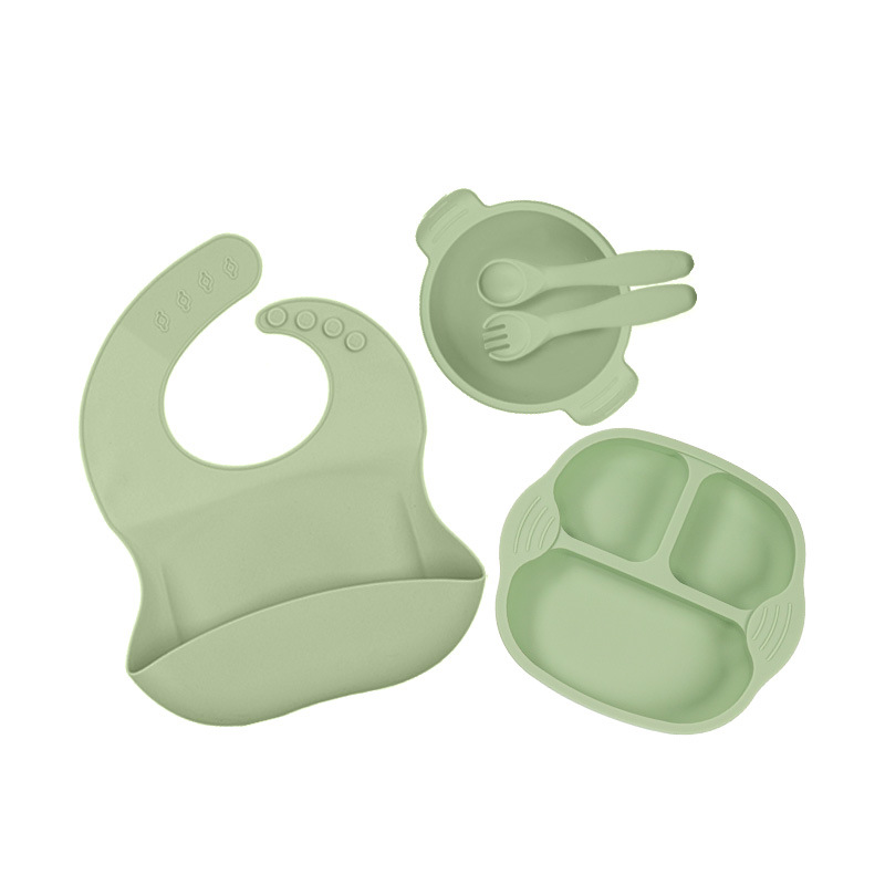 Nuevo traje de vajilla de suplemento alimenticio para niños transfronterizos Placa de silicona tazón tenedor cuchara babero taza de seis piezas conjunto de vajilla de alimentación