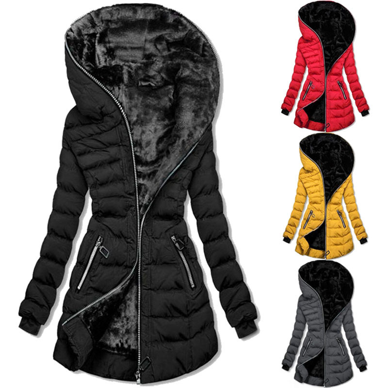 2024 Winter Cotton Coat Women's Aliexpress Amazon Hooded Warm Plus Velvet Cotton Coat Mid-Length Coat Black Cotton Jacket