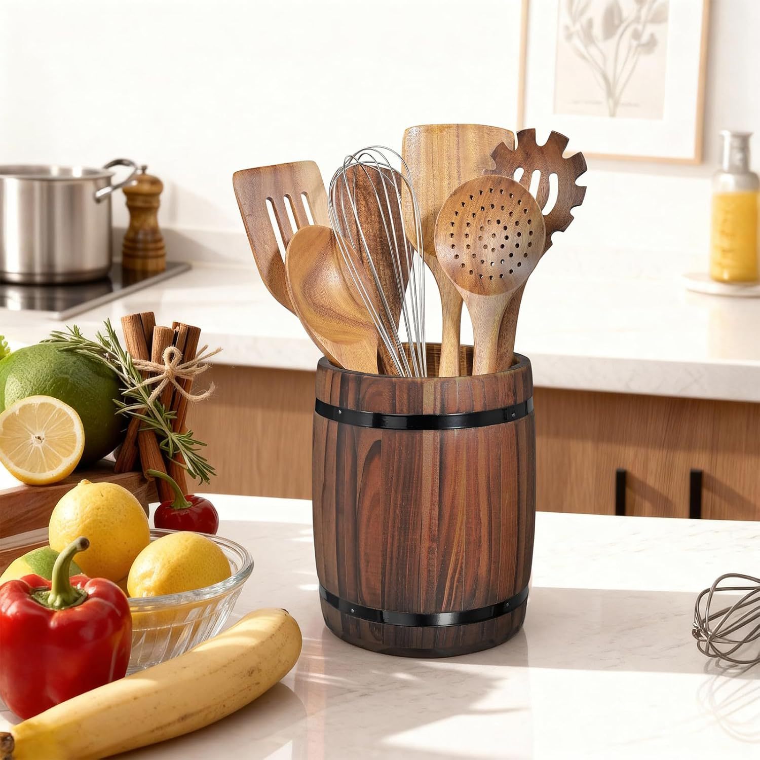 跨境木质餐具收纳盒酒桶造型刀叉餐具盒厨房台面餐具存储木盒