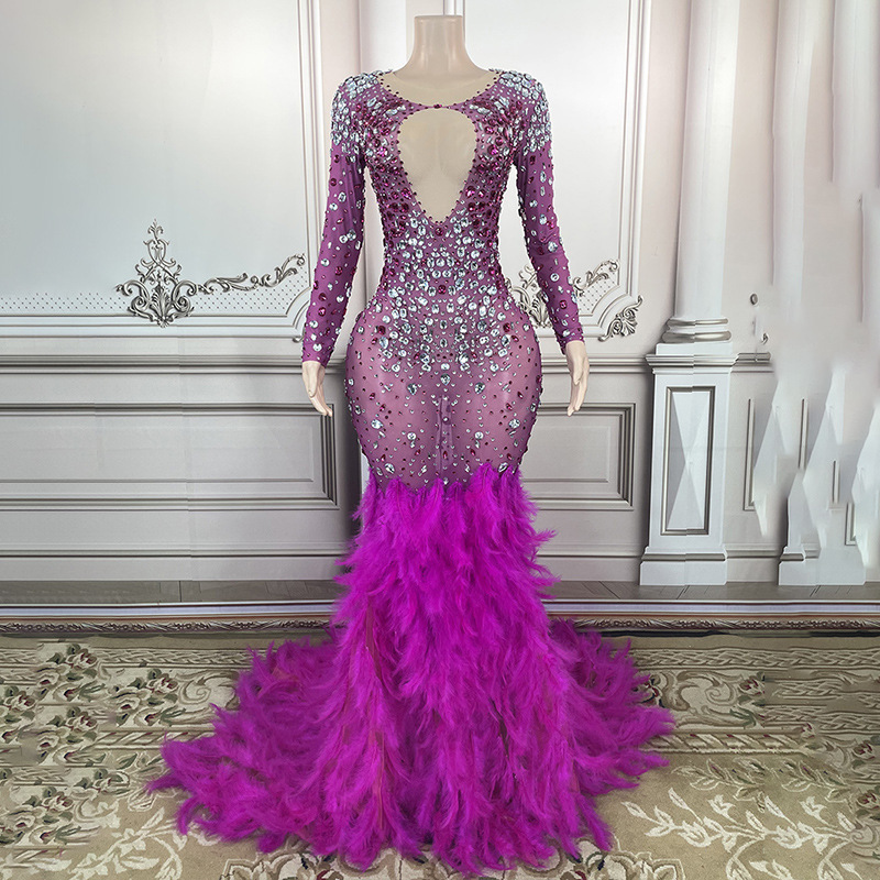 Spring and Summer Fashion Elegant Feather Tail Mermaid Dress Prom Evening Dress Dazzling Diamond