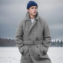 2024欧码跨境秋冬新款男士中长款毛呢格纹双排扣夹棉加厚大衣男