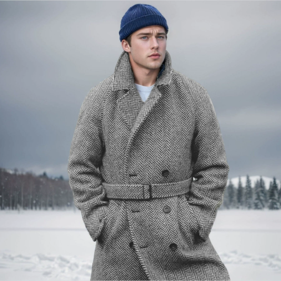 2024 европейский код трансграничная осень и зима новый мужской средний длинный шерстяной клетчатый двубортный ватный толстый пальто мужской