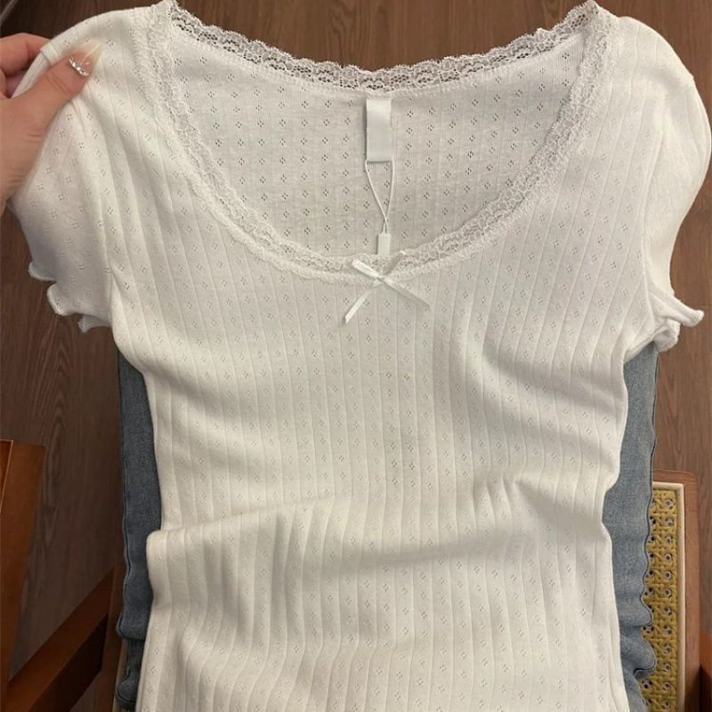 ホワイトピュアデザイアスイートレーススリムタイトボトムレディースサマーショルダーショートインナー半袖Tシャツトップ|undefined