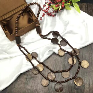 Bohemian Ethnic Style Retro Woolen Chain Coffee Coconut Beads Mid-length Women's Round Beads Pendant Necklace