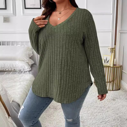 2025 Amazon Autumn/Winter Solid Color Plus Size Women's Top V-Neck Long Sleeve Plaid Fleece T-Shirt Loose Hooded