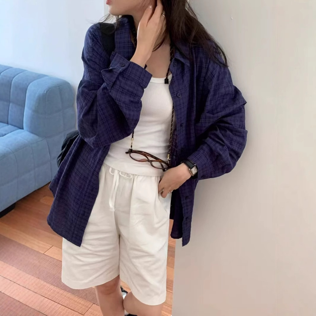韩系慵懒风格子衬衫女式春夏季复古宽松防晒长袖衬衣薄款外穿上衣
