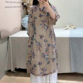 中长款苎麻连衣裙女2026夏季新款文艺复古立领印花斜襟宽松长袍