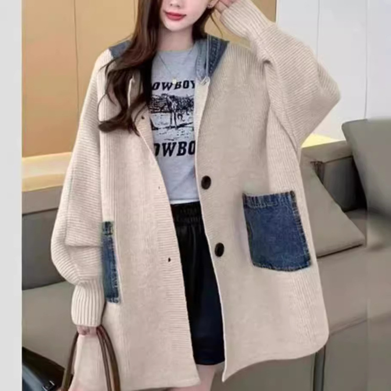 New Korean and Japanese Style Autumn and Winter Loose Cardigan Long Casual Sweater for Women with Denim Patchwork, Plus-Size Hooded Knit Jacket New Korean and Japanese Style Autumn and Winter Loose Cardigan Long Casual Sweater for Women with Denim Patchwork, Plus-Size Hooded Knit Jacket