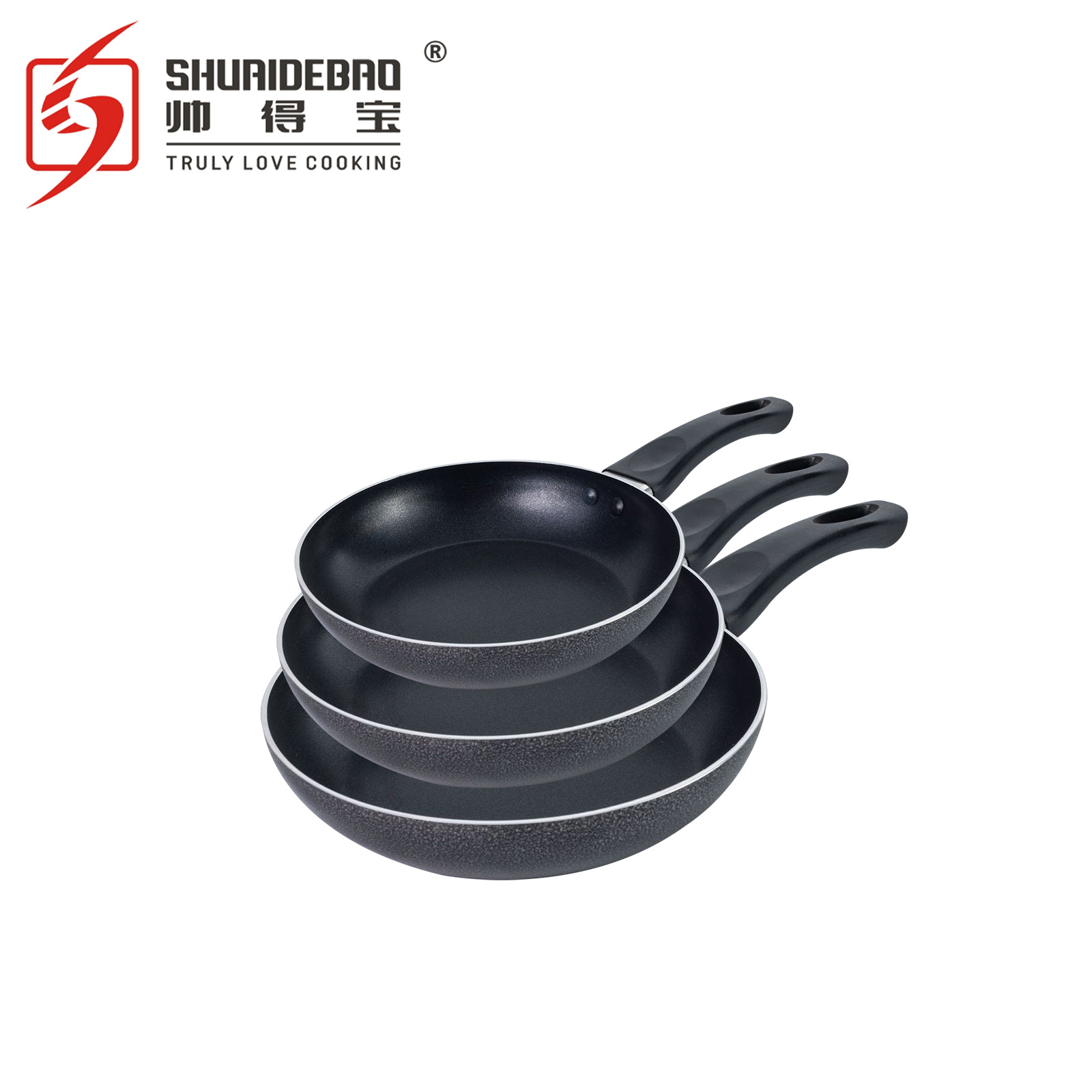 Shuaidebao exportación original de aluminio de 2,5mm de plástico negro de pulverización sartén antiadherente pan 16-32cm