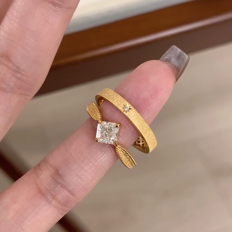 Star Mountain Princess Square 1.5ct Wire-drawing Diamond Ring Couple Ring Retro Style Light Luxury Niche Design Middle Ancient Open Ring