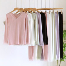 秋冬新款莫代尔女士保暖套装性感V领蕾丝修身薄款打底衫秋衣秋裤