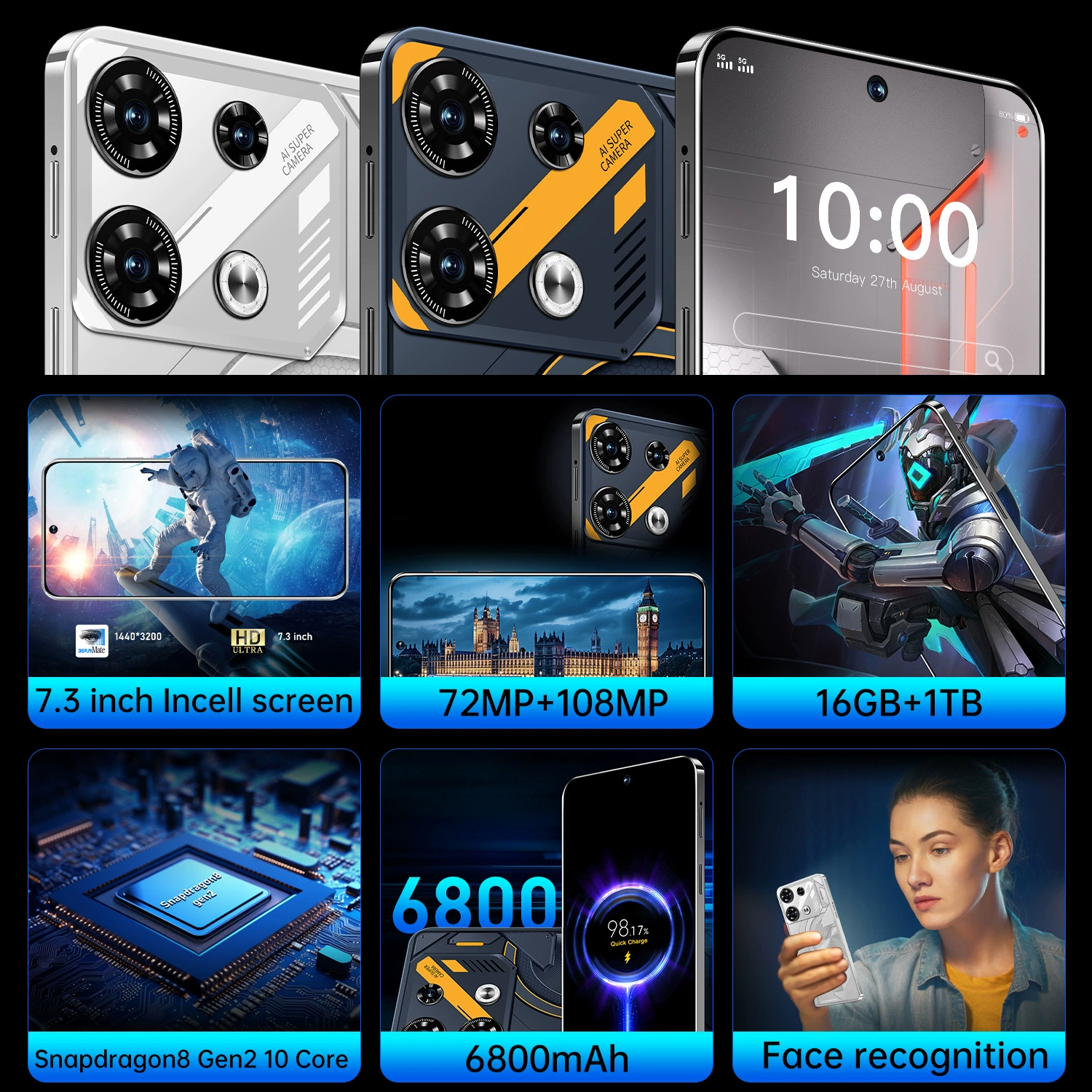 Смартфон GT10PRO 7,3-дюйма Android, OTG, быстрая зарядка — 4G, варианты 2+16 ГБ или 3+64 ГБ