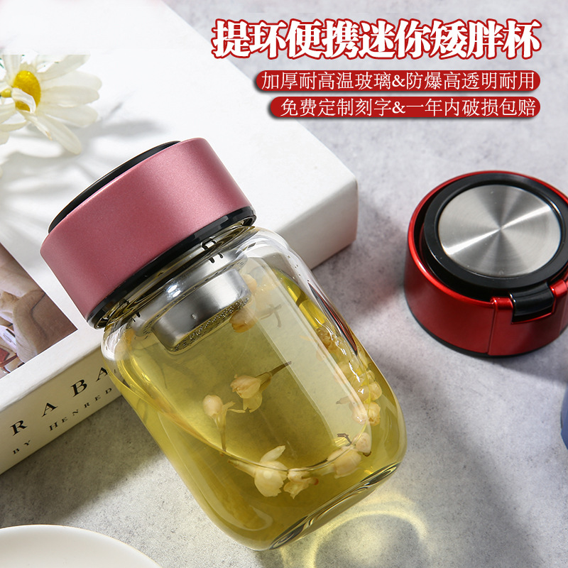 单层玻璃加厚防爆茶水分离泡茶杯提环便携胖胖杯厂家批发印字代发