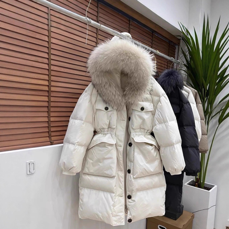 Korean Style Large Pocket Thick down Jacket for Women, Long Style with Large Fur Collar, Loose Waist, 2025 Winter New Duck down Jacket