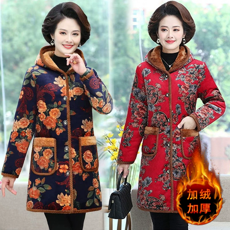 Женское пальто среднего и пожилого возраста на флисовой подкладке с капюшоном и хлопковой подкладкой для 55-летней мамы, бархатная куртка на пуговицах, теплая с хлопковой подкладкой для женщин