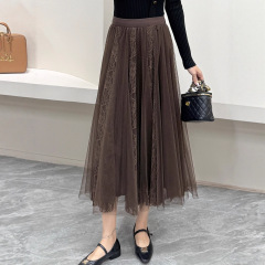 2025春季新款网纱拼接蕾丝半身裙女高级感A字中长裙很仙的大摆裙