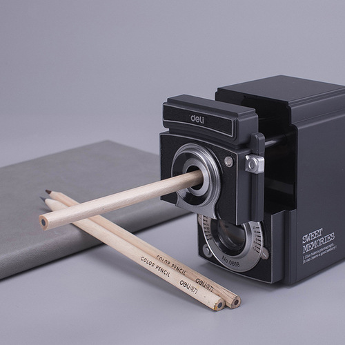 Deli Stationery 0668 Retro Camera Style Pencil Sharpener Thickness Adjustable Pencil Sharpener Hand-cranked Pencil Sharpener