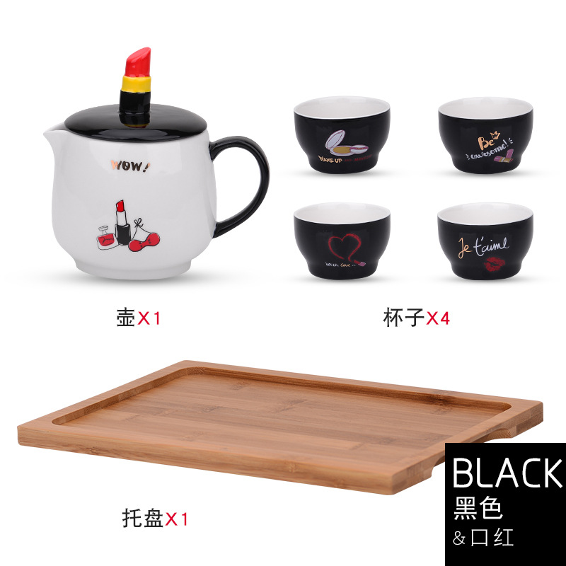 Linda chica corazón juego de té de cerámica con colador de té con bandeja juego de agua de cerámica de dibujos animados una olla de cuatro tazas