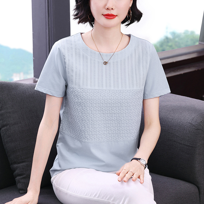 Pure Cotton Short-Sleeved T-Shirt for Women 2026 Early Spring New Style Loose Spliced Embroidered Top Mother's Wear Women's T-Shirt