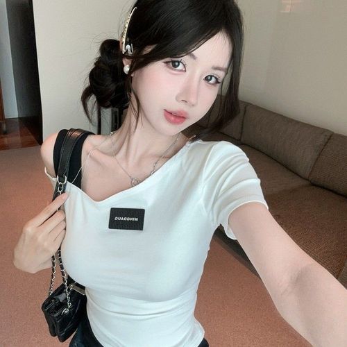 Women's Summer Pure Desire Bold Contrast Color Striped Shoulder Short Sleeve T-Shirt One-Shoulder Mini Top