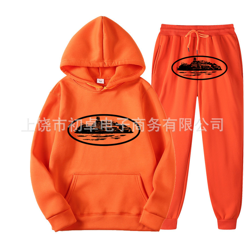 Europeo y americano clint419 diablo prisión patrón hombres y mujeres mismo suéter traje impreso con capucha conjunto de dos piezas al por mayor