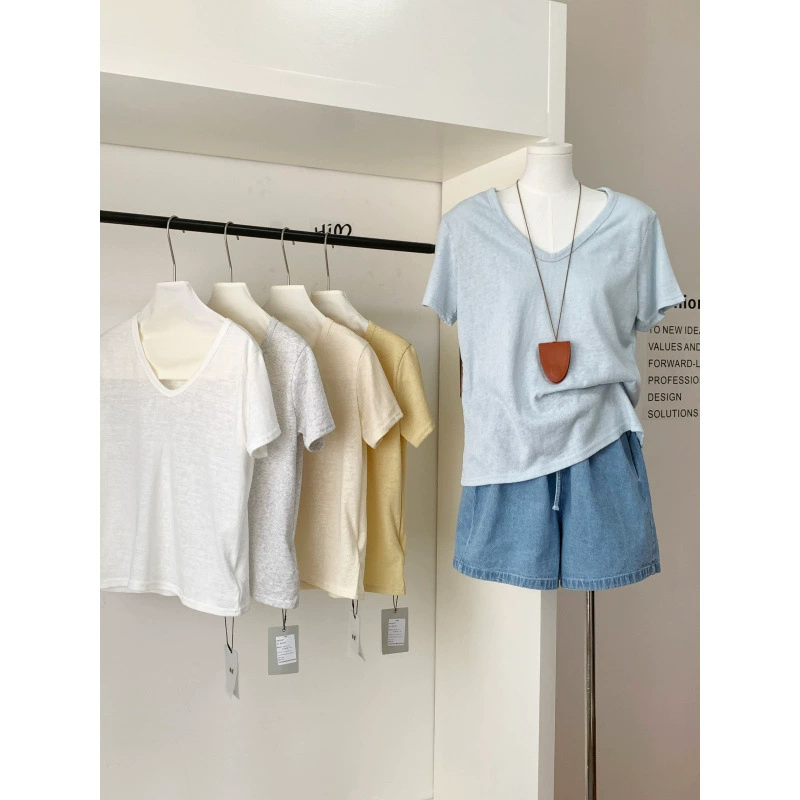 Американская ретро-футболка с v-образным вырезом на правое плечо, однотонная футболка с короткими рукавами, женская летняя новая свободная футболка с половиной рукавов для похудения, топ