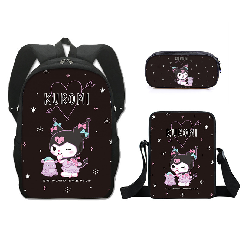 Promoción del nuevo Sanrio Kulomi kuromi mochila para estudiantes bolso de tres piezas bolso pequeño bolso de hombro libro