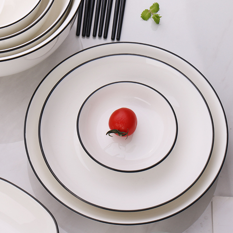 Melamine Gift Set of Tableware with Black Line Combination, Japanese Style Ceramic Soup Bowl, Fish Plate, and Soup Spoon, Melamine Diningware