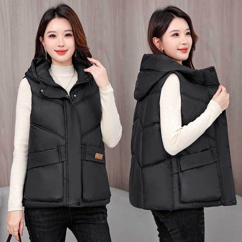 2025 nuevo chaleco de algodón corto de mujer encapuchado otoño y invierno con hombro grueso chaleco de moda extranjera chaqueta image 2
