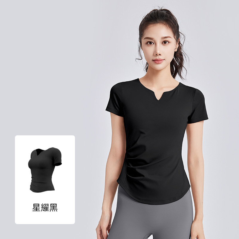聚衣堂の新型vネックヨガ服半袖防振固定カップが痩せているフィットネス上着tシャツ|undefined
