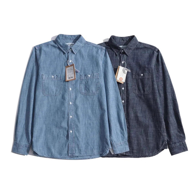Mr. Song's Cross-Border Japanese-Style Classic Double Patch Pocket Chambray Long-Sleeve Shirt Workwear Shirt for Men