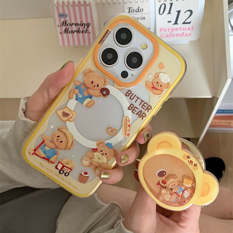Lindo y divertido oso de mantequilla para iPhone16PRROMAX creativo 14/15Pro magnético 13p corazón de niña