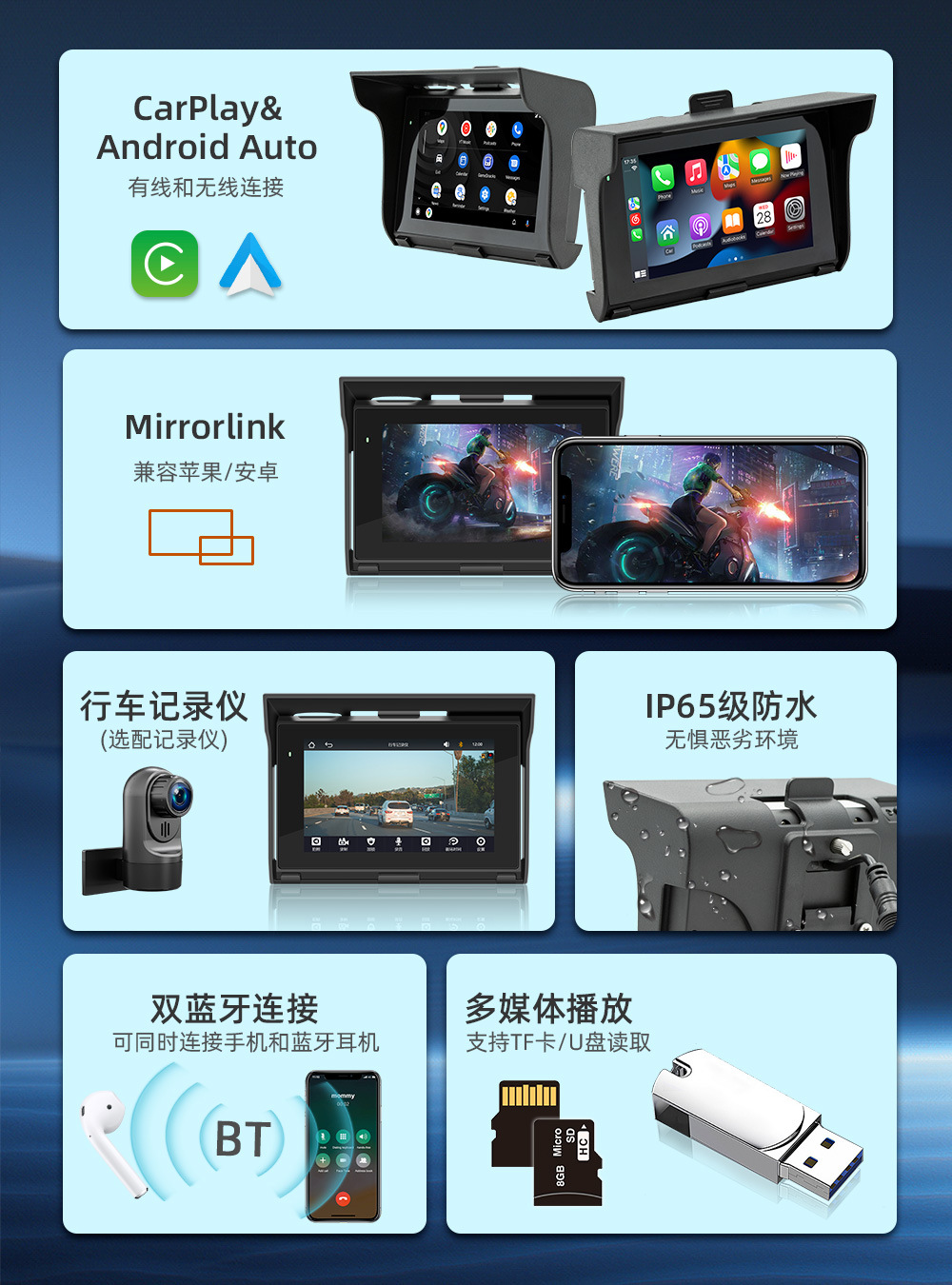 5-inch portable motorcycle car mp5 waterproof dual Bluetooth Wireless carplay motorcycle driving recorder