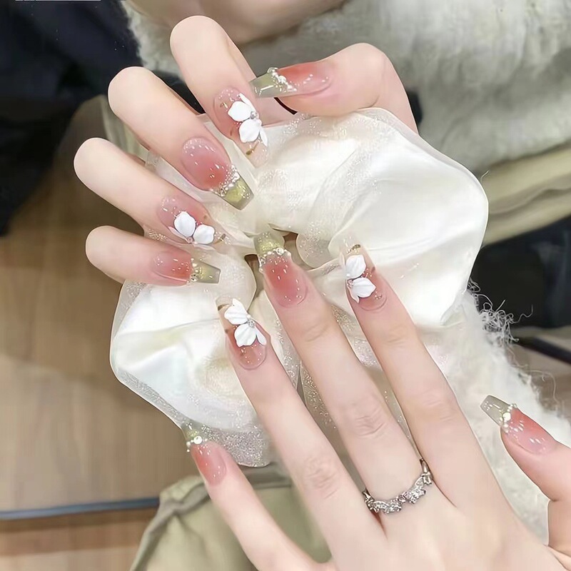 Hand-Wearing Armor Temperature Elf Ice Flower Hand-painted Phototherapy Nail Art Spring and Summer Whiteness Advanced Nail Art Patch Nails