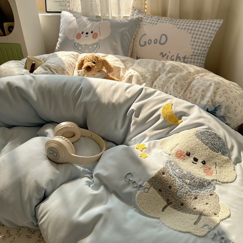 New Cute Cartoon Towel Embroidered Four-Piece Bed Bed Sheets Set Washed Cotton Home Bedding Three-Piece Set Thickeneded Brushed