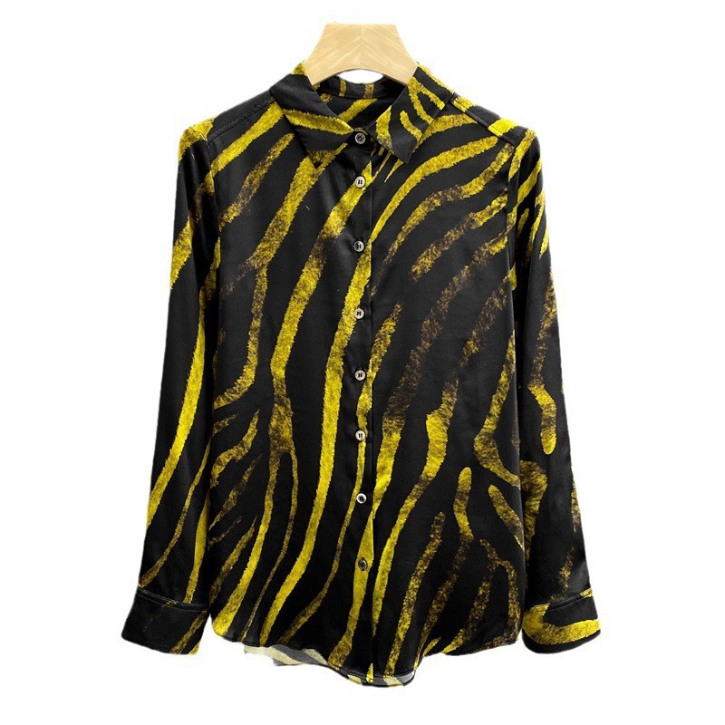 Women's Clothing Gilded segment dyeing! Satin leopard print irregular stripes   silk long sleeved shirt silk top_voghion.com