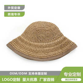 2026跨境新款纯手工编织女士宽边遮阳草帽帽檐带里布夏季防晒帽子