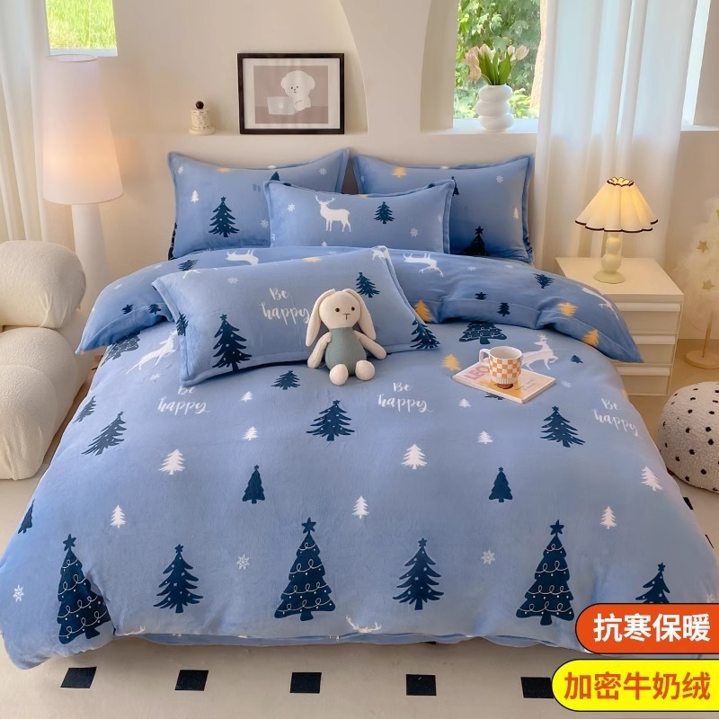 Cama de terciopelo de leche de cuatro piezas, doble cara de invierno más brida de terciopelo, sábana de terciopelo de coral, funda de edredón, ropa de cama de felpa de tres piezas
