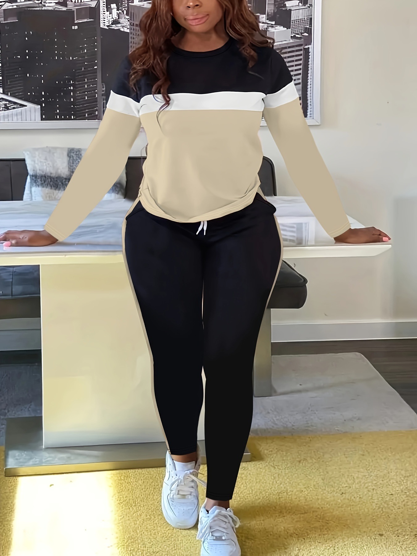 Damen-Loungewear-Set im Color-Blocking-Stil – Zweiteiliges Outfit bestehend aus Langarmshirt und Jogginghose mit Kordelzug, bequemes und lässiges Ensemble für Herbst und Winter_voghion.com