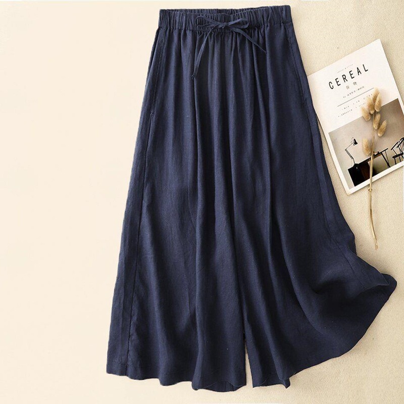 Artistic and cool lightweight cotton-linen cropped skirt-pants for women, summer elastic waist, plus-size, loose-fitting, casual wide-leg pants Artistic and cool lightweight cotton-linen cropped skirt-pants for women, summer elastic waist, plus-size, loose-fitting, casual wide-leg pants