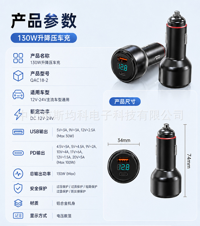130W car charger super fast charging, voltage regulation, full protocol compatibility, laptop car cigarette lighter adapter