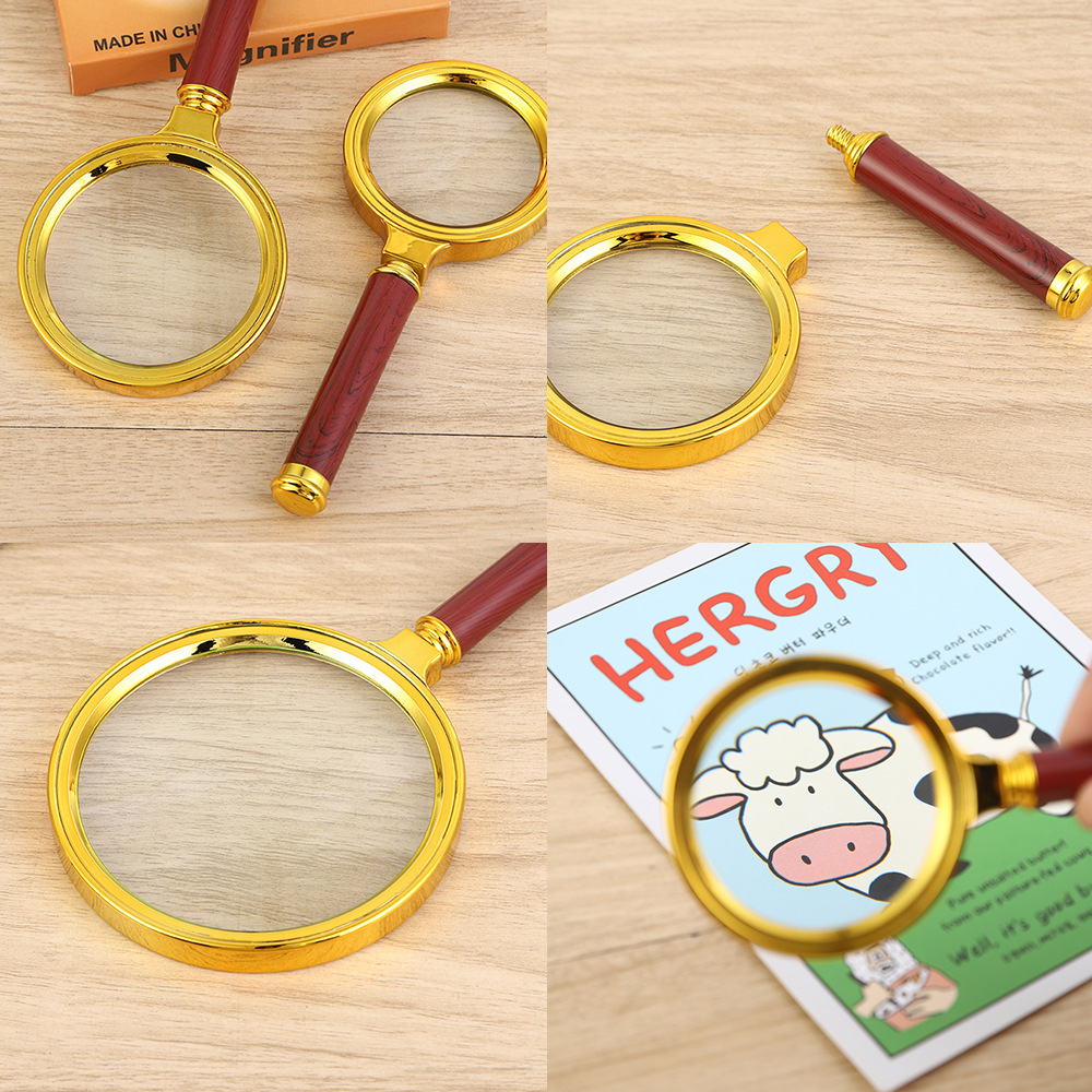Lupa mano portátil HD, mango imitación rosa chapado oro, lectura grano madera, venta al por mayor.