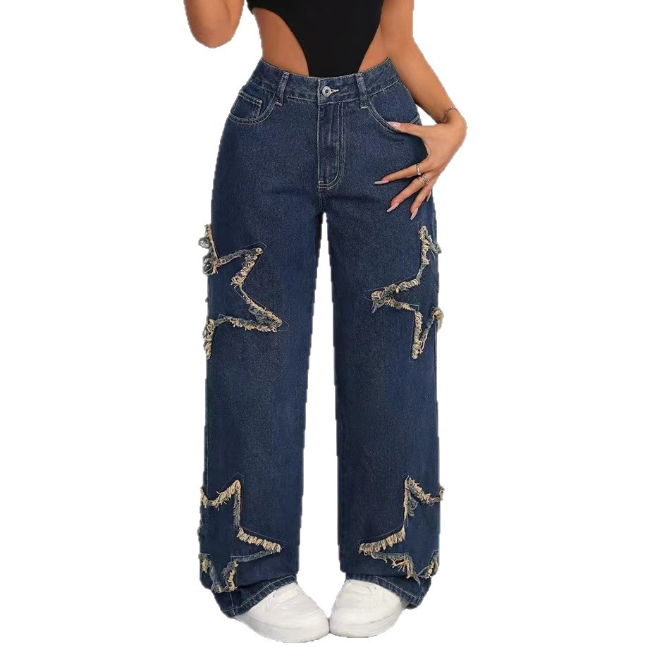 Jeans Rectos para Mujer de Algodón y Poliéster, Cintura Alta, Borde Deshilachado, para Uso Casual