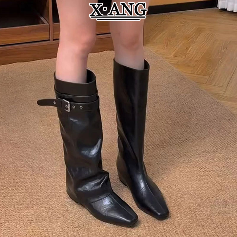 Genuine leather, detachable, convertible, inner-height-increasing, square-toe, ankle-length boots, black, women's, knee-high boots, riding boots Genuine leather, detachable, convertible, inner-height-increasing, square-toe, ankle-length boots, black, women's, knee-high boots, riding boots