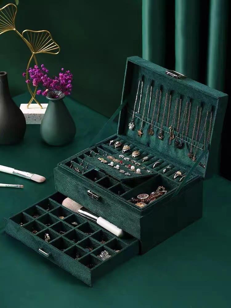 Caja de joyería de tres capas de dos capas con cerradura pendientes de franela pendientes collar pulsera caja de almacenamiento de joyas de alta gama de gran capacidad