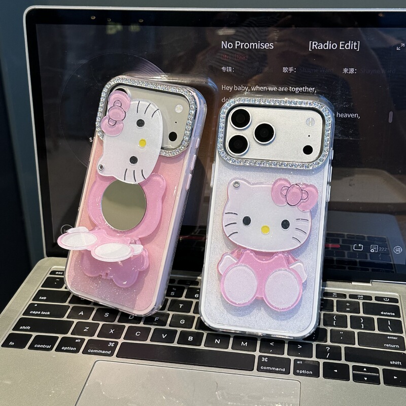 Large-hole glitter three-in-one phone case for iPhone 18 Pro Max, featuring a KT cat stand and mirror, compatible with Apple 16/15