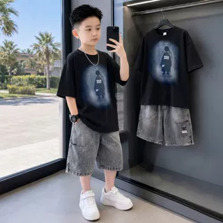 男童夏装套装2026新款青少年夏季薄款手绘卡通薄款凉感儿童两件套